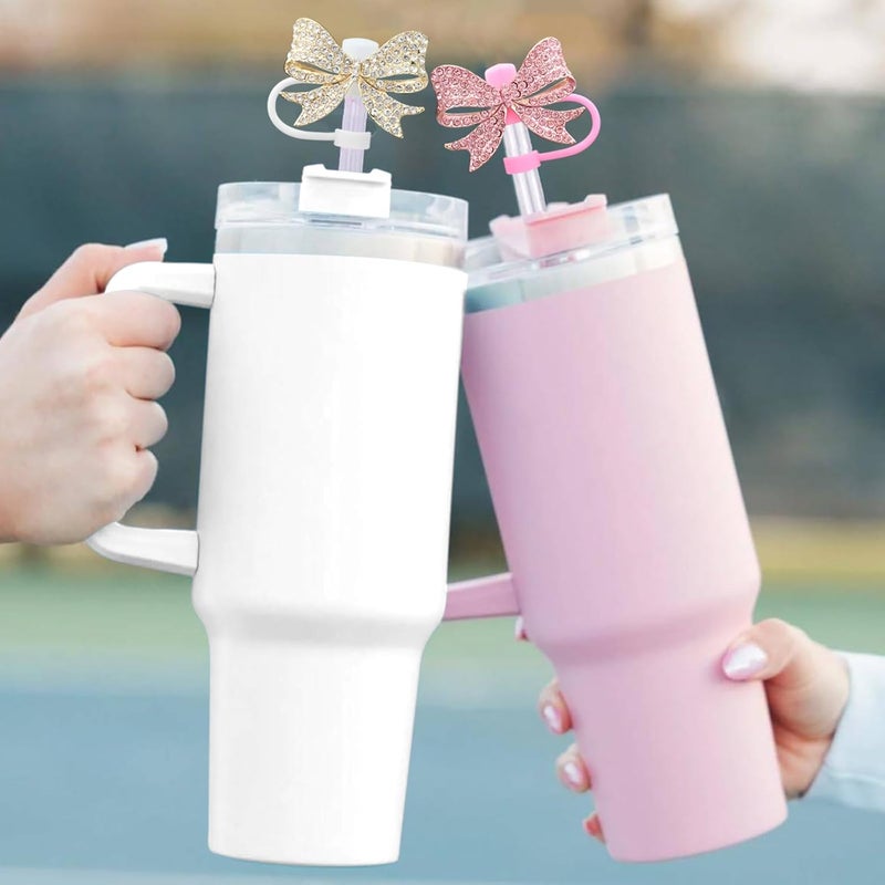 SEMATA 2PCS Cute Bow Straw Cover Cap for Stanley Cup Accessories,Bling Crystals Straw Toppers for Stanley Tumbler 40&30 oz,Rhinestone Reusable Straws Tips Protectors Compatible with 10mm Straws - Image 5
